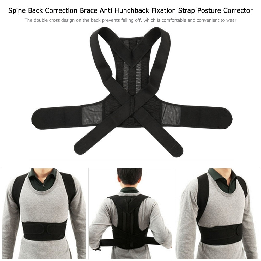 Fitlybuy black posture corrector brace with double-cross straps and mesh back, shown on a person for spinal alignment.
