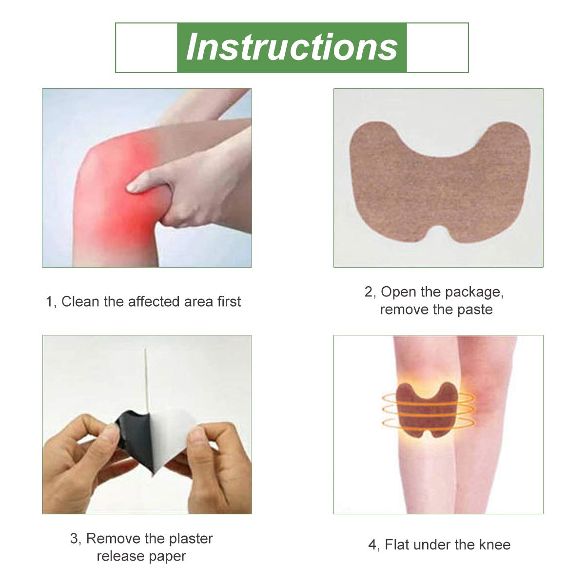 Instructions for Fitlybuy Wormwood Pain Relief Patch showing a brown, adhesive patch applied to a knee for relief.
