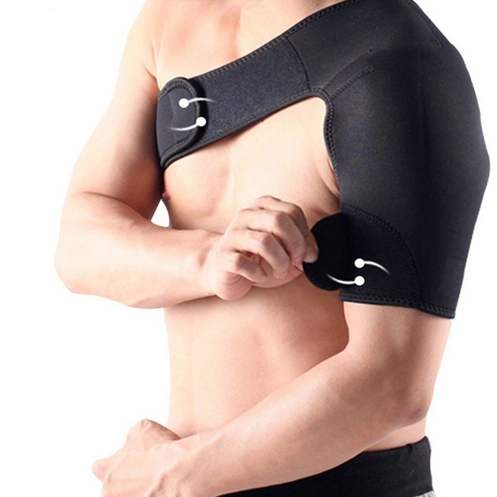 Black Fitlybuy shoulder compression brace with adjustable velcro straps on a person's upper body.