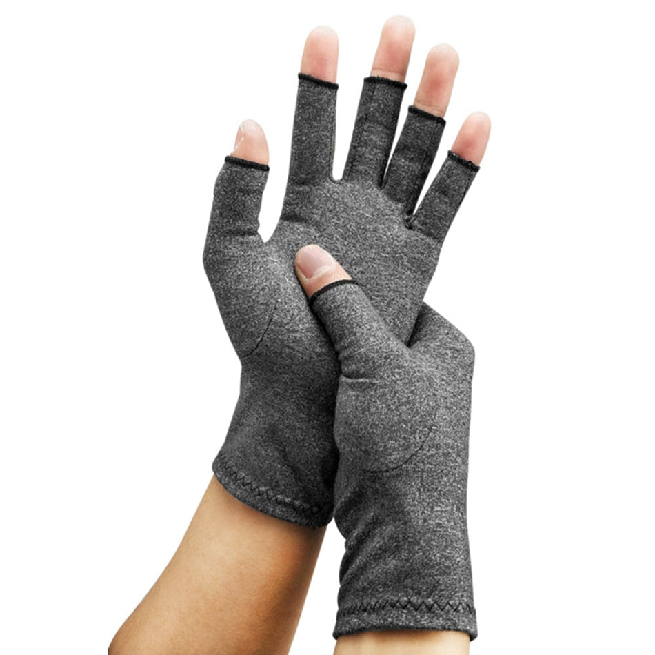 Fitlybuy grey fingerless compression arthritis gloves with ThermoFlex fabric, worn on hands against a white background.