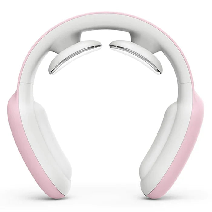 Pink and white U-shaped smart neck massager with two metallic heated massage nodes on a white background.
