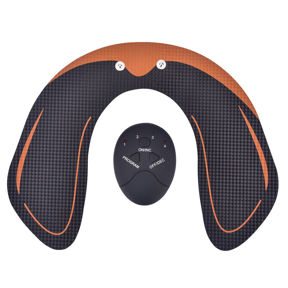 Fitlybuy black carbon-fiber muscle stimulator pad with orange accents and a handheld control unit.