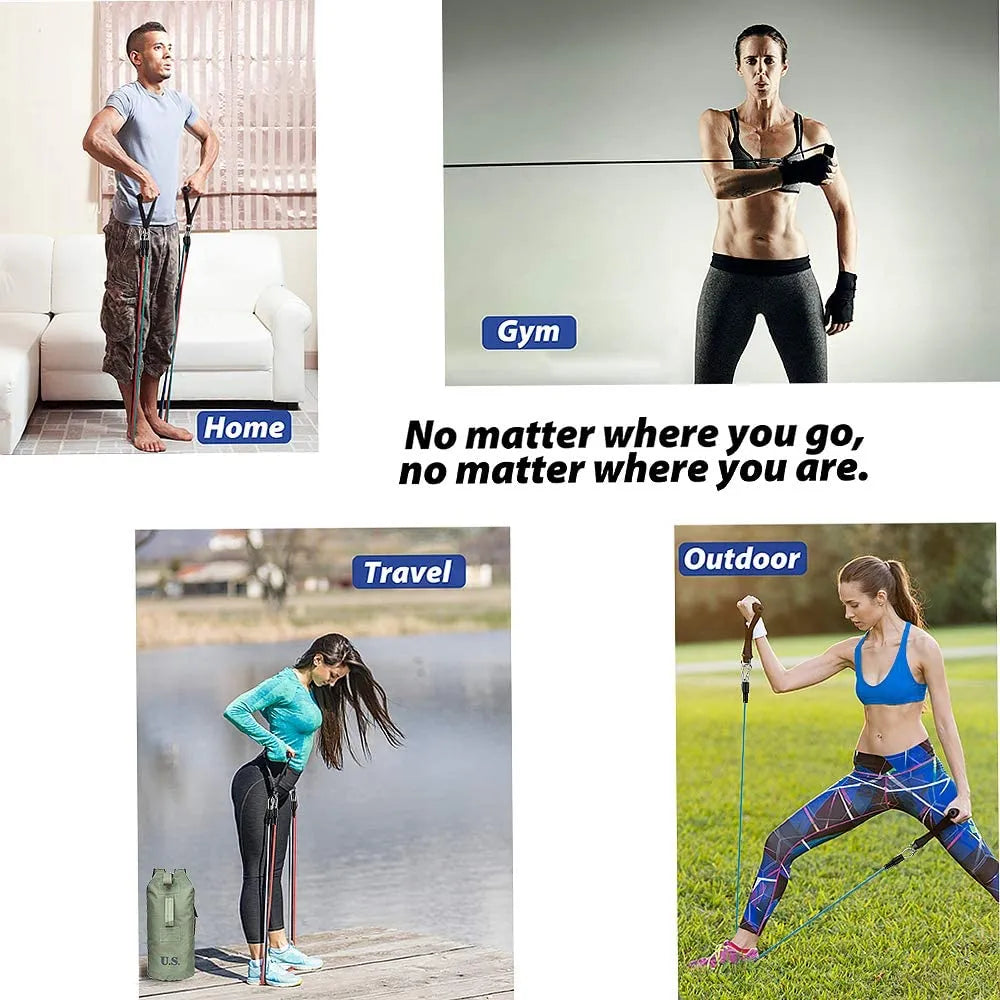 Fitlybuy 11-piece resistance band set with adjustable FlexPro technology shown in home, gym, travel, and outdoor use.