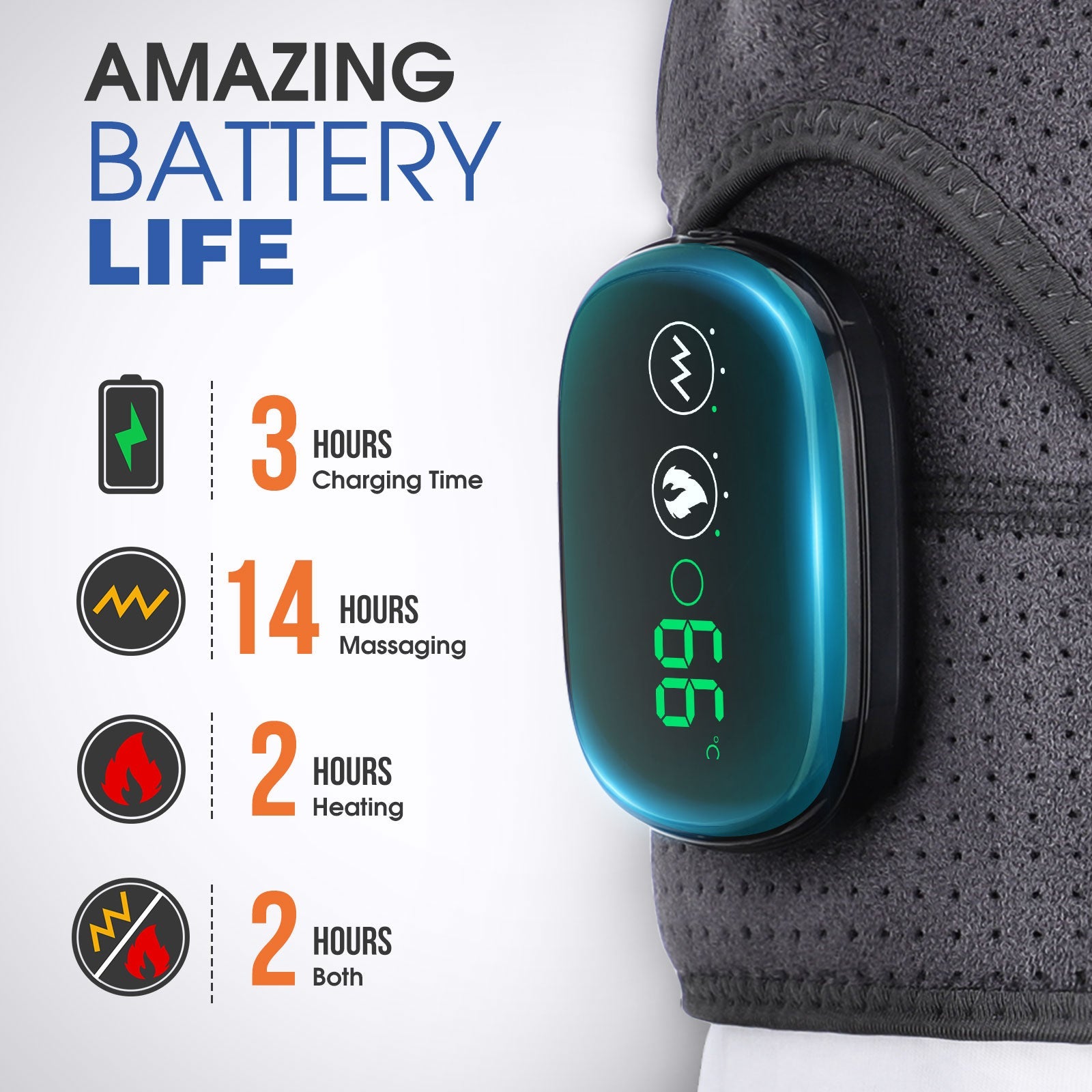 Fitlybuy shoulder brace with a blue digital control unit displaying battery life stats for heating and vibration modes.