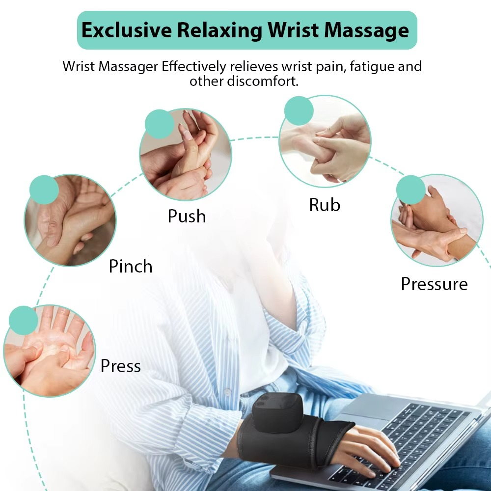 Fitlybuy black heated EMS wrist massager worn by a laptop user, demonstrating various massage techniques for pain relief.