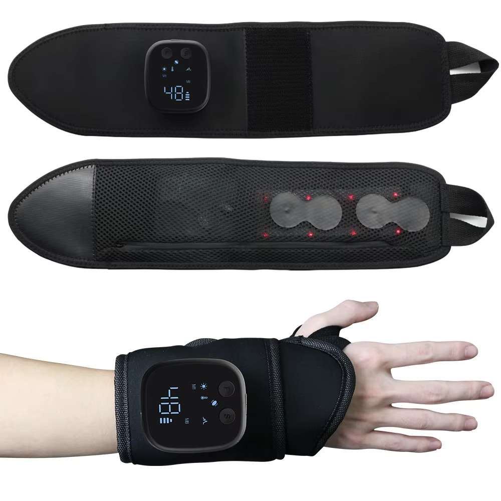 Fitlybuy black heated EMS wrist massager featuring an LCD display, contact pads, and an adjustable wrap design on a hand.