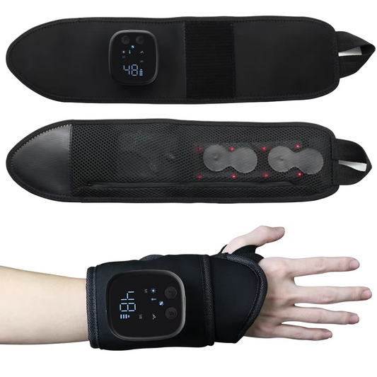 Fitlybuy black heated EMS wrist massager featuring an LCD display, contact pads, and an adjustable wrap design on a hand.
