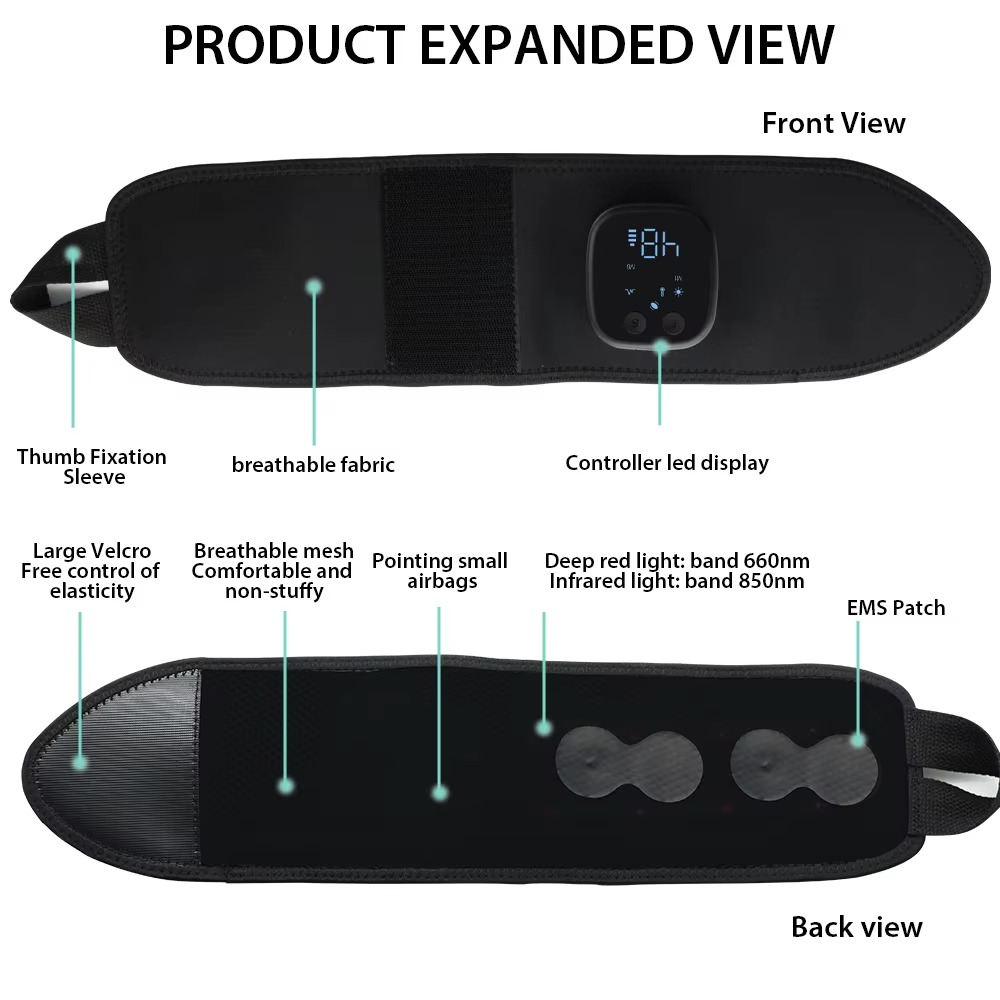 Fitlybuy black heated EMS wrist massager showing front view with LED controller and back view with infrared pads.
