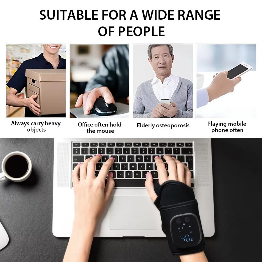 Fitlybuy black EMS wrist massager worn while typing on a laptop, with usage examples for pain relief and daily tasks.