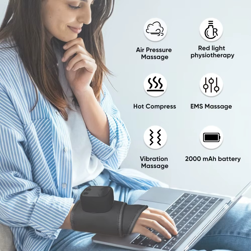 Fitlybuy grey heated EMS wrist massager worn by a woman typing; icons highlight massage, heat, and battery features.