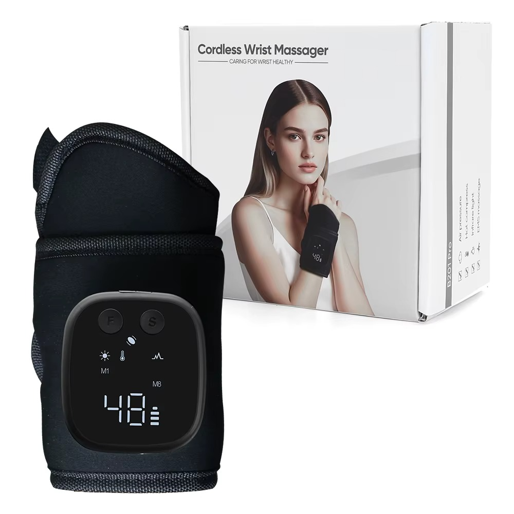 Black Fitlybuy cordless wrist massager with EMS, heat, and a digital display screen shown next to its product box.