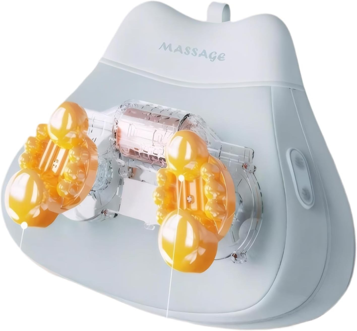 Light blue Fitlybuy shiatsu massage pillow featuring two exposed orange rotating massage heads for neck and back relief.