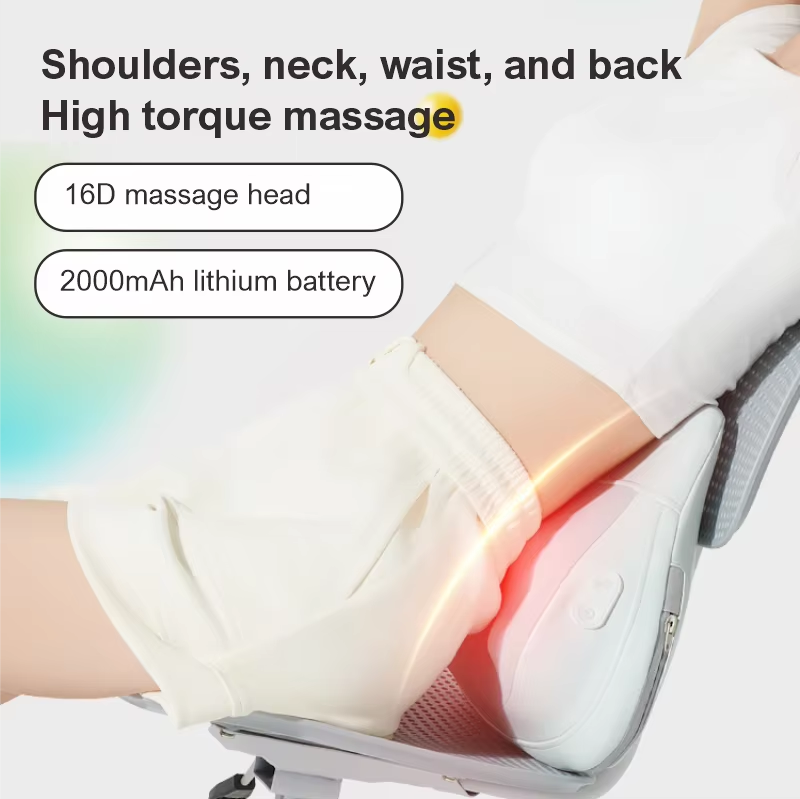Fitlybuy white heated massage pillow behind a person’s back, highlighting 16D massage heads and wireless battery power.