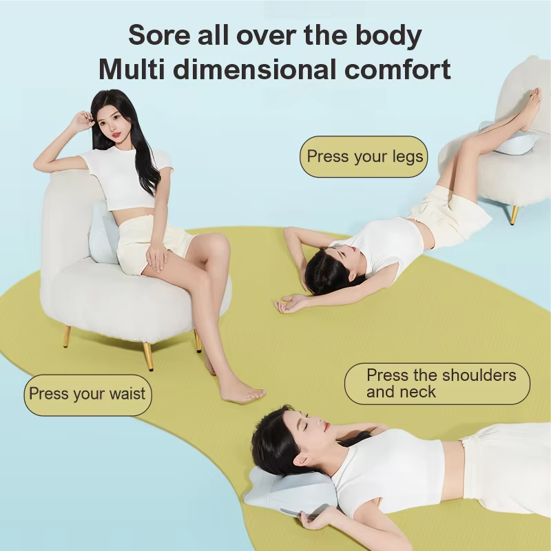 Woman using a light blue Fitlybuy heated shiatsu massage pillow for her waist, neck, and legs in a studio setting.