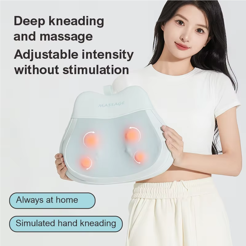 Woman holds a pale blue Fitlybuy heated shiatsu massage pillow with four glowing orange deep-kneading nodes.