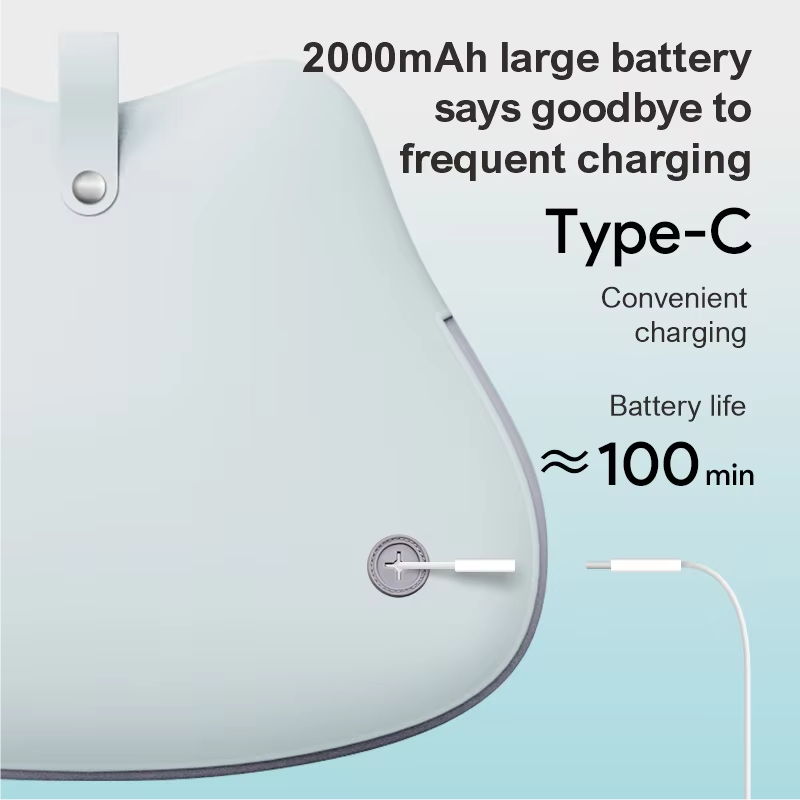 Fitlybuy light blue shiatsu massage pillow with Type-C charging port, 2000mAh battery, and 100-minute battery life.