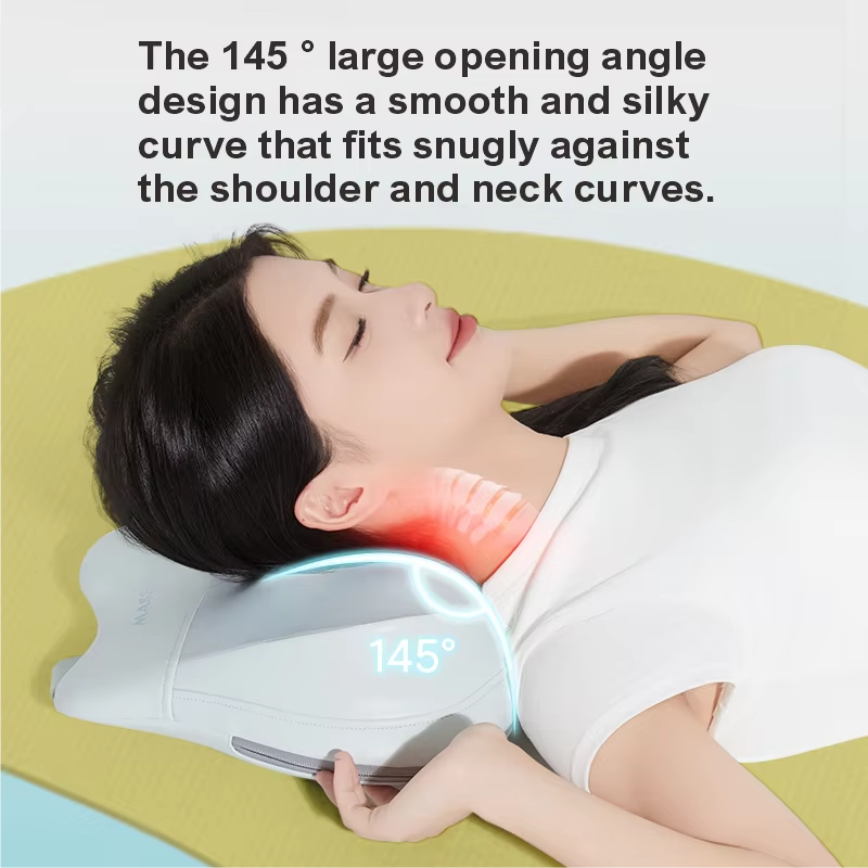 Woman lying on a white Fitlybuy heated shiatsu massage pillow with 145-degree ergonomic curve for neck and shoulders.