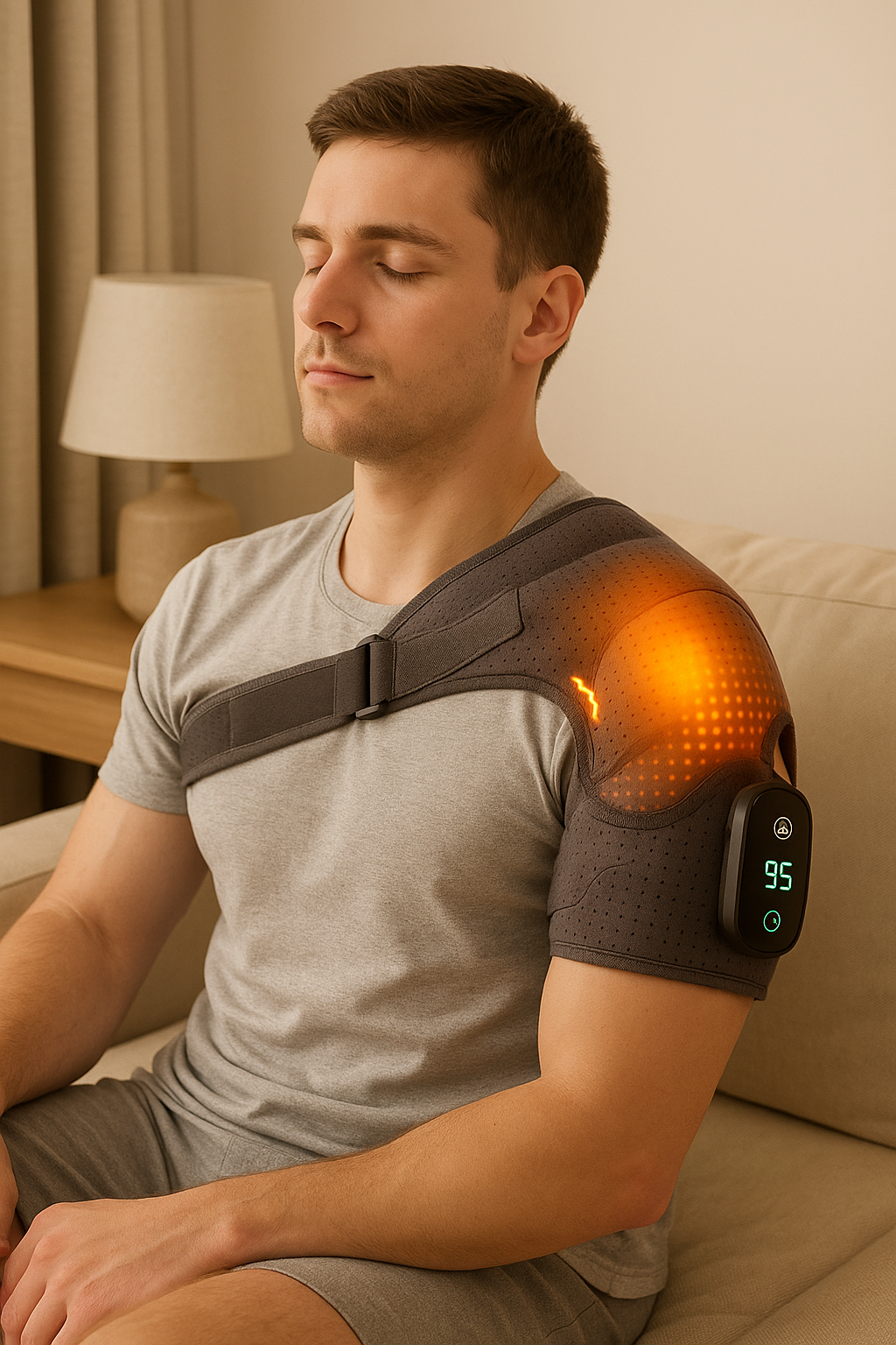 Man wearing a grey Fitlybuy heating shoulder brace with glowing orange heat, vibration technology, and digital display.