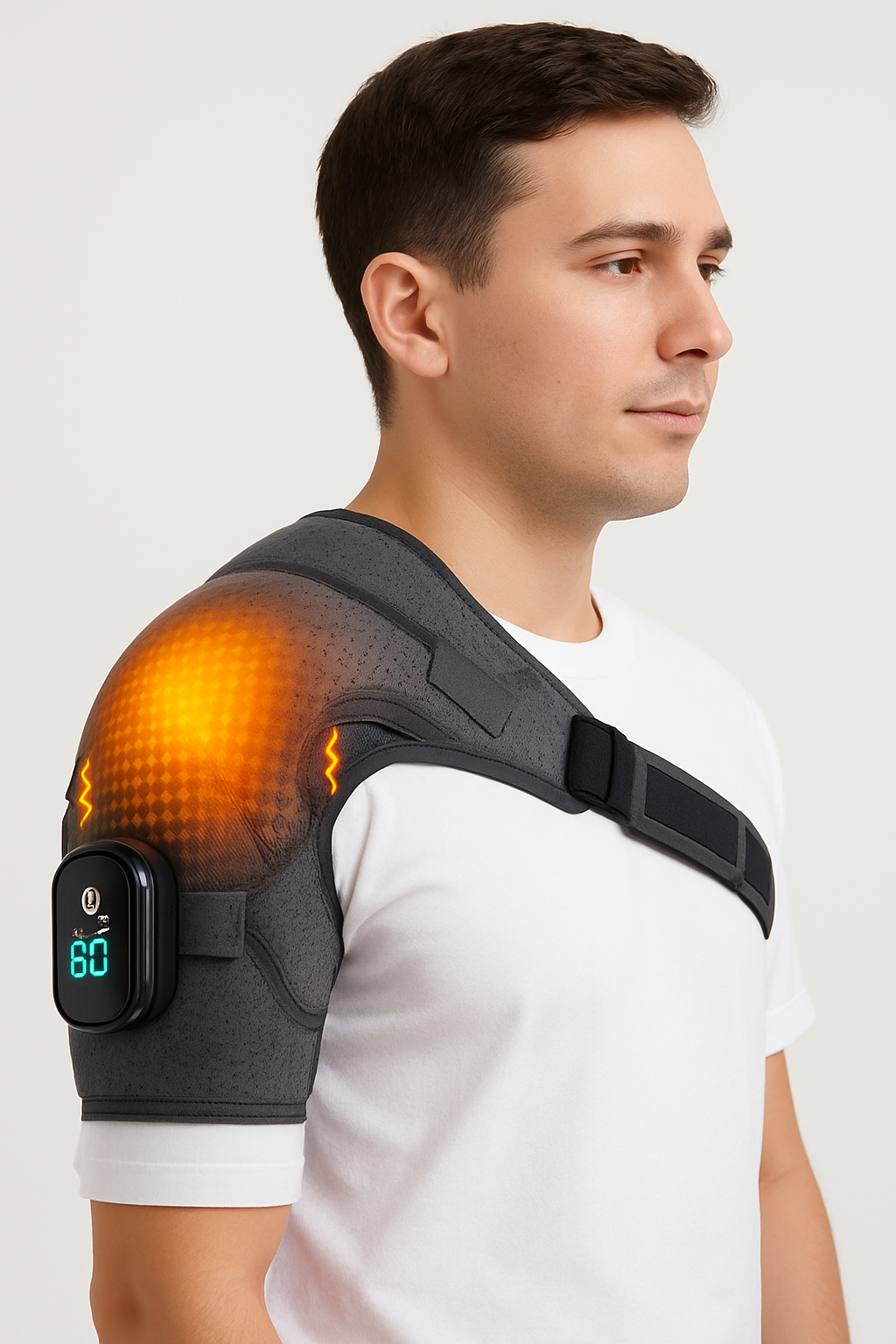 Man wears a gray Fitlybuy heated shoulder brace with an orange glowing heat patch and digital control display.