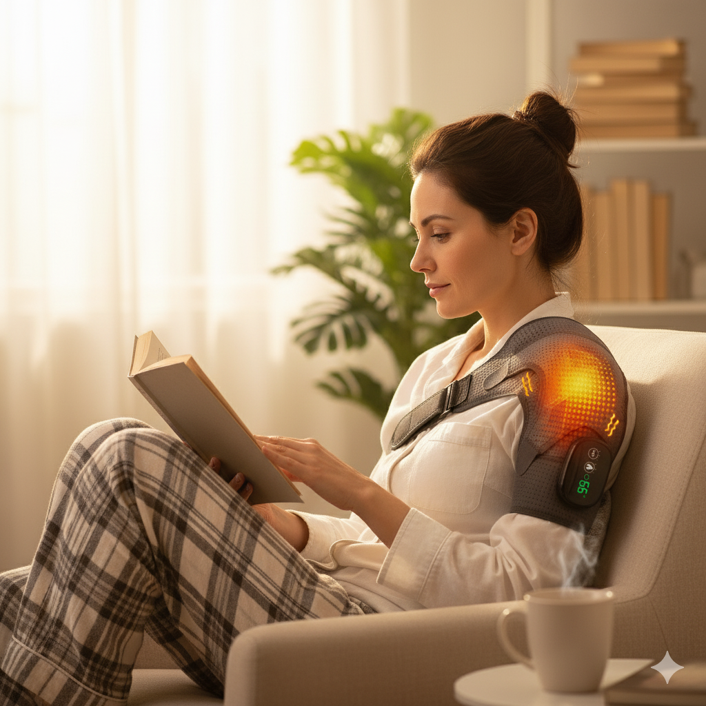 Woman wearing a grey Fitlybuy heated shoulder brace with VibeTherapy, relaxing in a chair while reading a book.