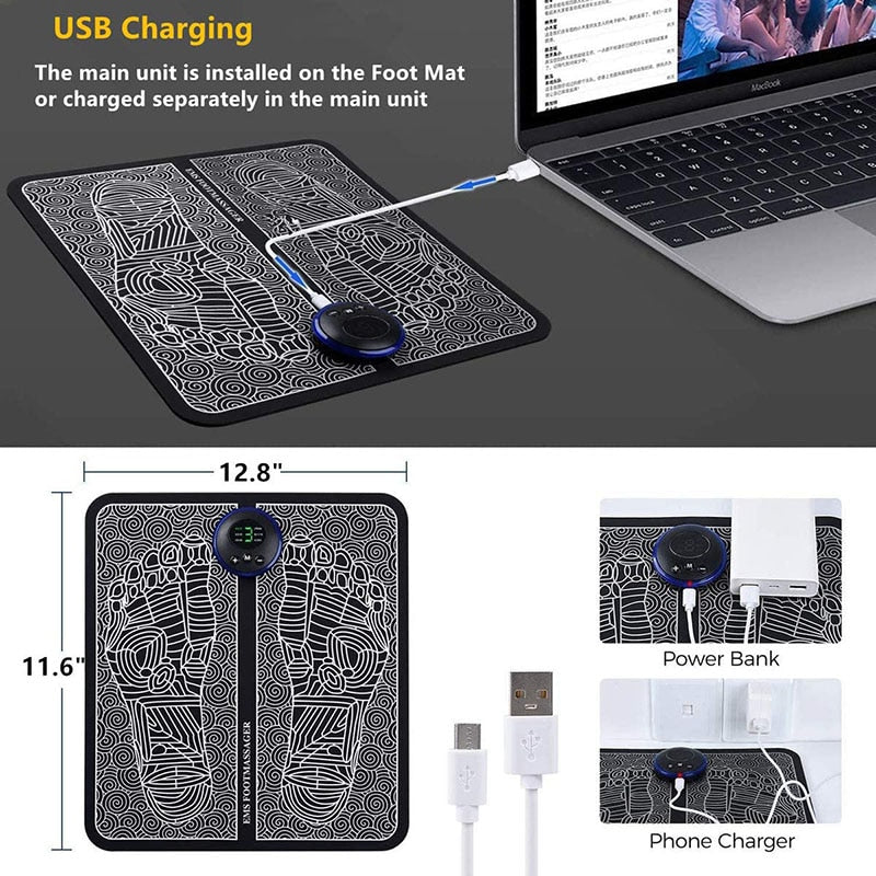 Fitlybuy black and white EMS foot massager pad with circular charging unit, USB cable, and various power options shown.