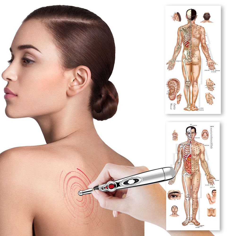 Fitlybuy silver laser acupuncture pen with digital display being used on a shoulder, next to acupuncture body charts.