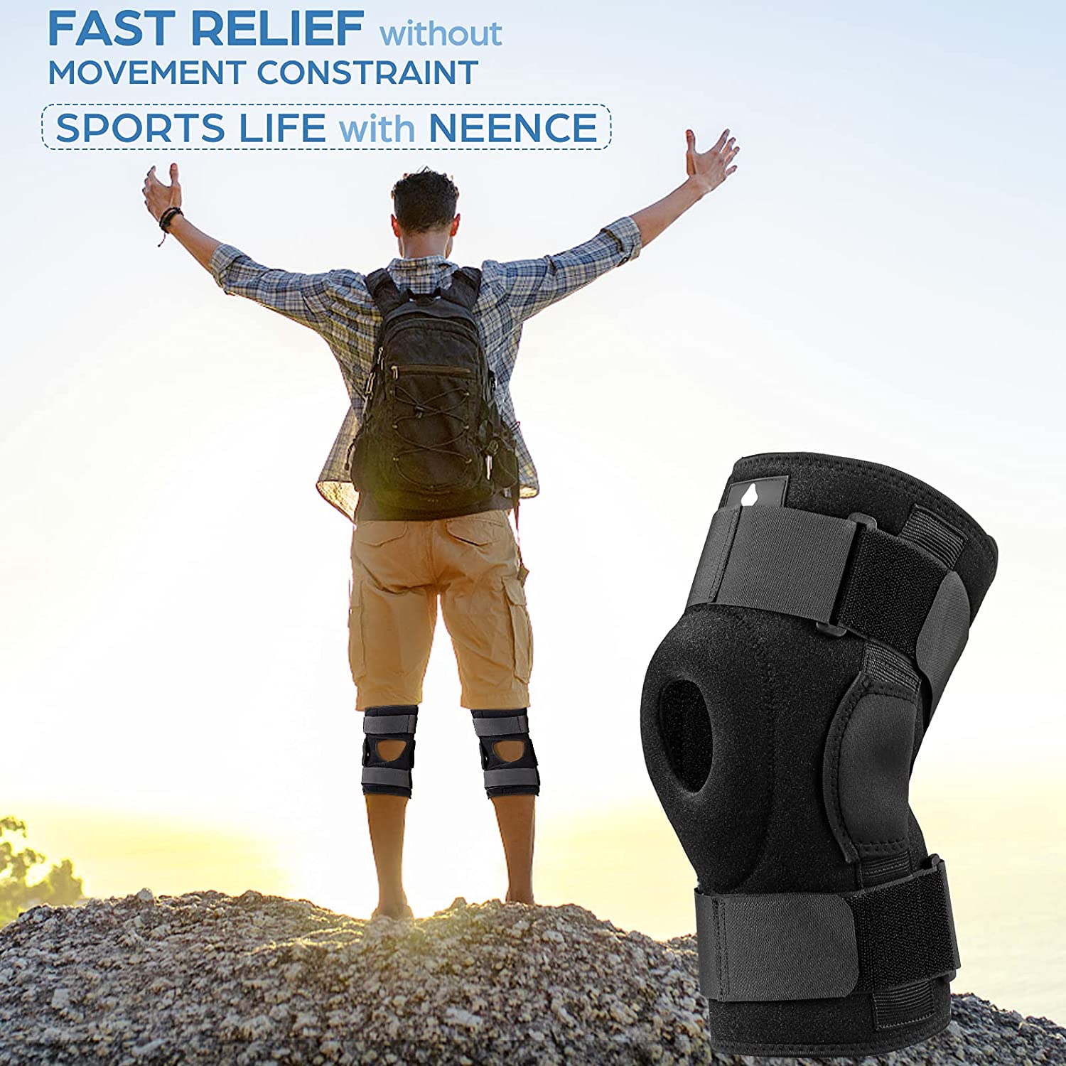 Fitlybuy black knee brace stabilizer with adjustable straps and open patella, worn by a hiker on a mountain summit.