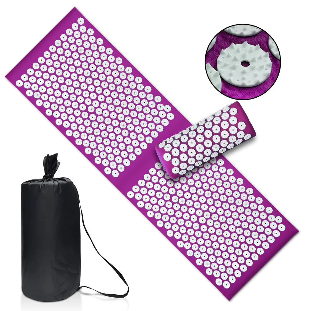 Purple Fitlybuy acupressure yoga mat with white spike discs, neck pillow, and black carrying bag.