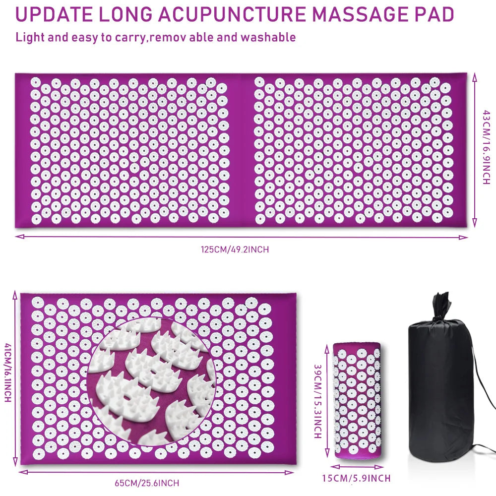 Purple Fitlybuy acupressure yoga mat featuring white pressure point spikes, with dimensions and a black carrying bag.