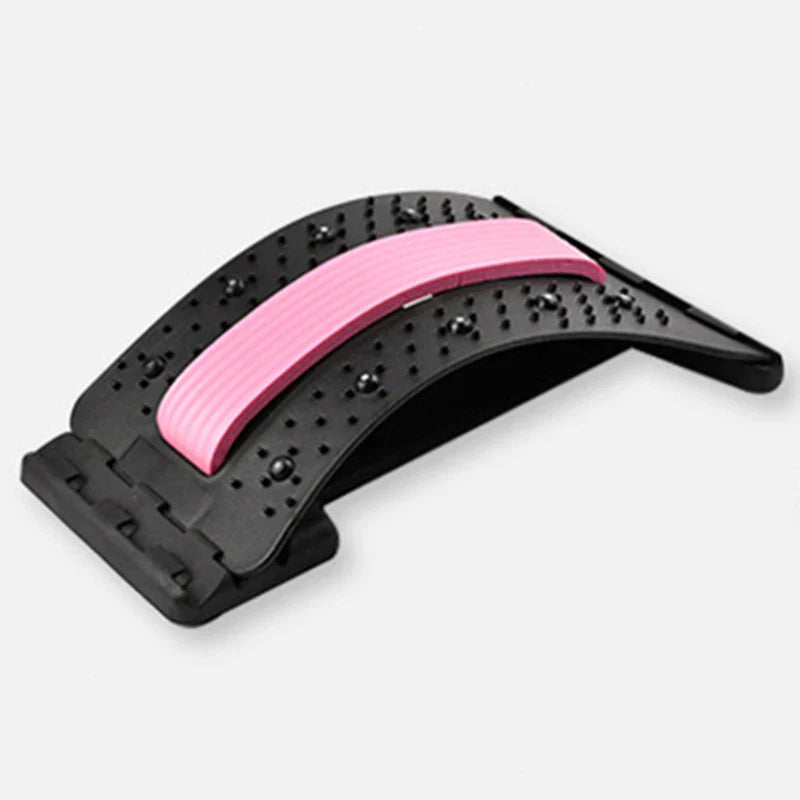 Fitlybuy back relief stretcher in black with a pink center cushion, acupressure nodes, and arched spine alignment design.