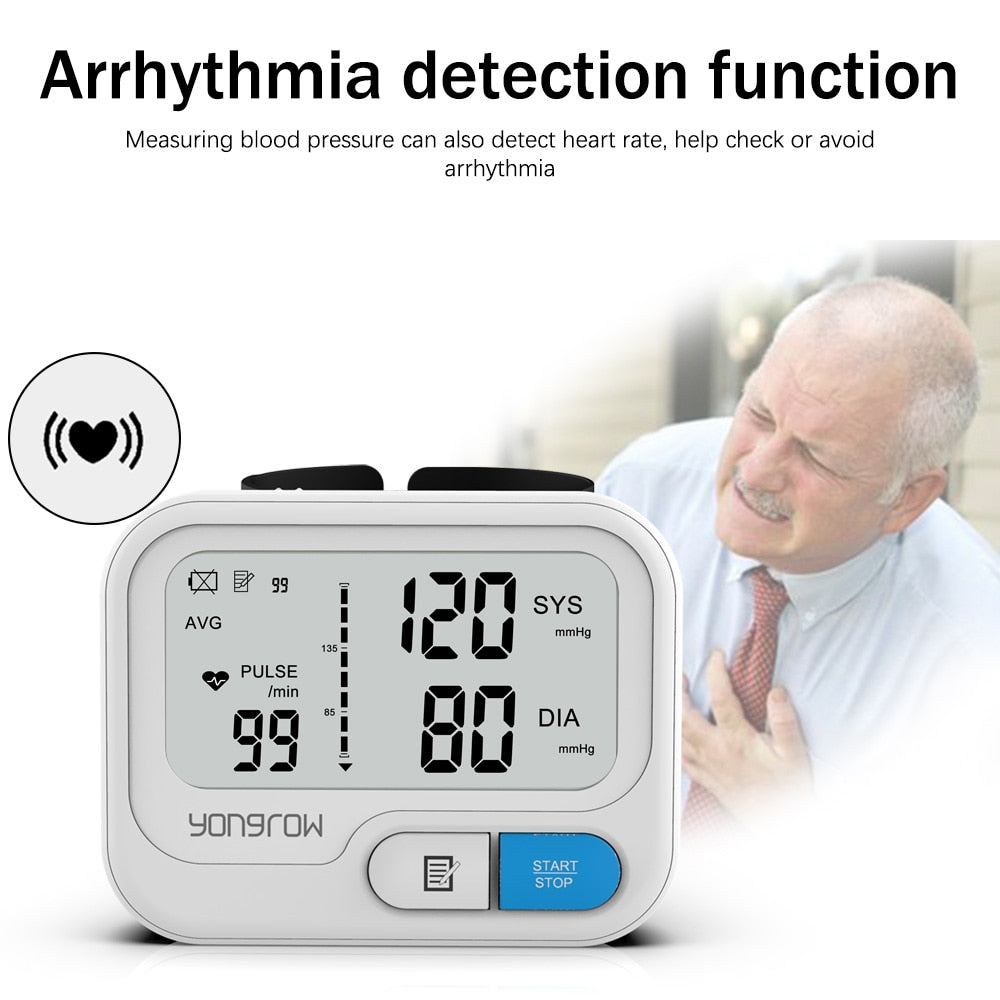 Fitlybuy white digital wrist blood pressure monitor displaying 120/80 mmHg and pulse, with arrhythmia detection.