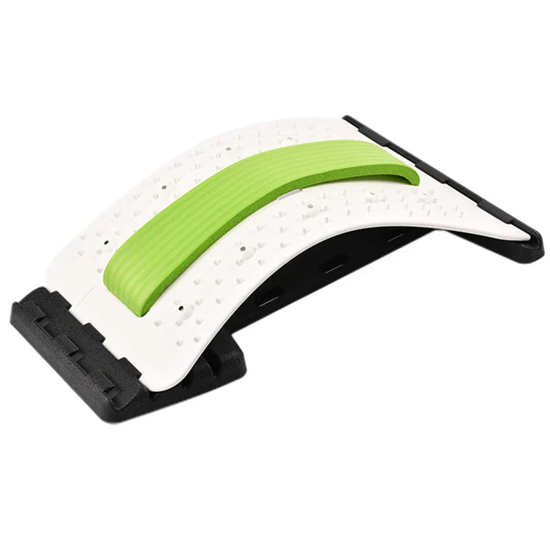 Fitlybuy white and black arched back relief stretcher with green foam spine support and acupressure nodes.