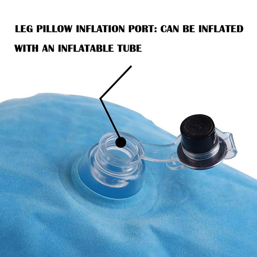 Close-up of blue Fitlybuy inflatable leg pillow showing the inflation port and black valve cap for easy air inflation.