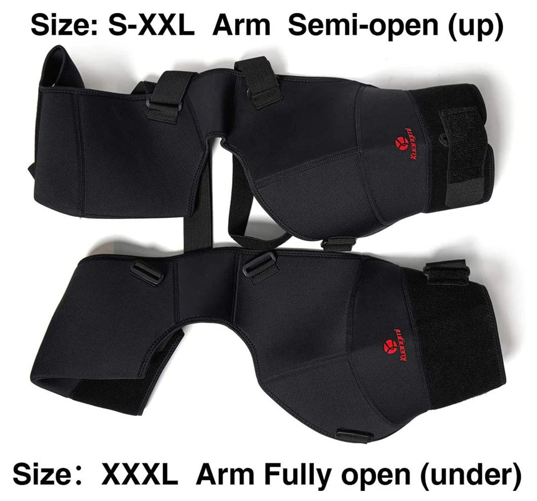 Black Fitlybuy dual shoulder compression wrap with adjustable straps, showing semi-open and fully open arm configurations.