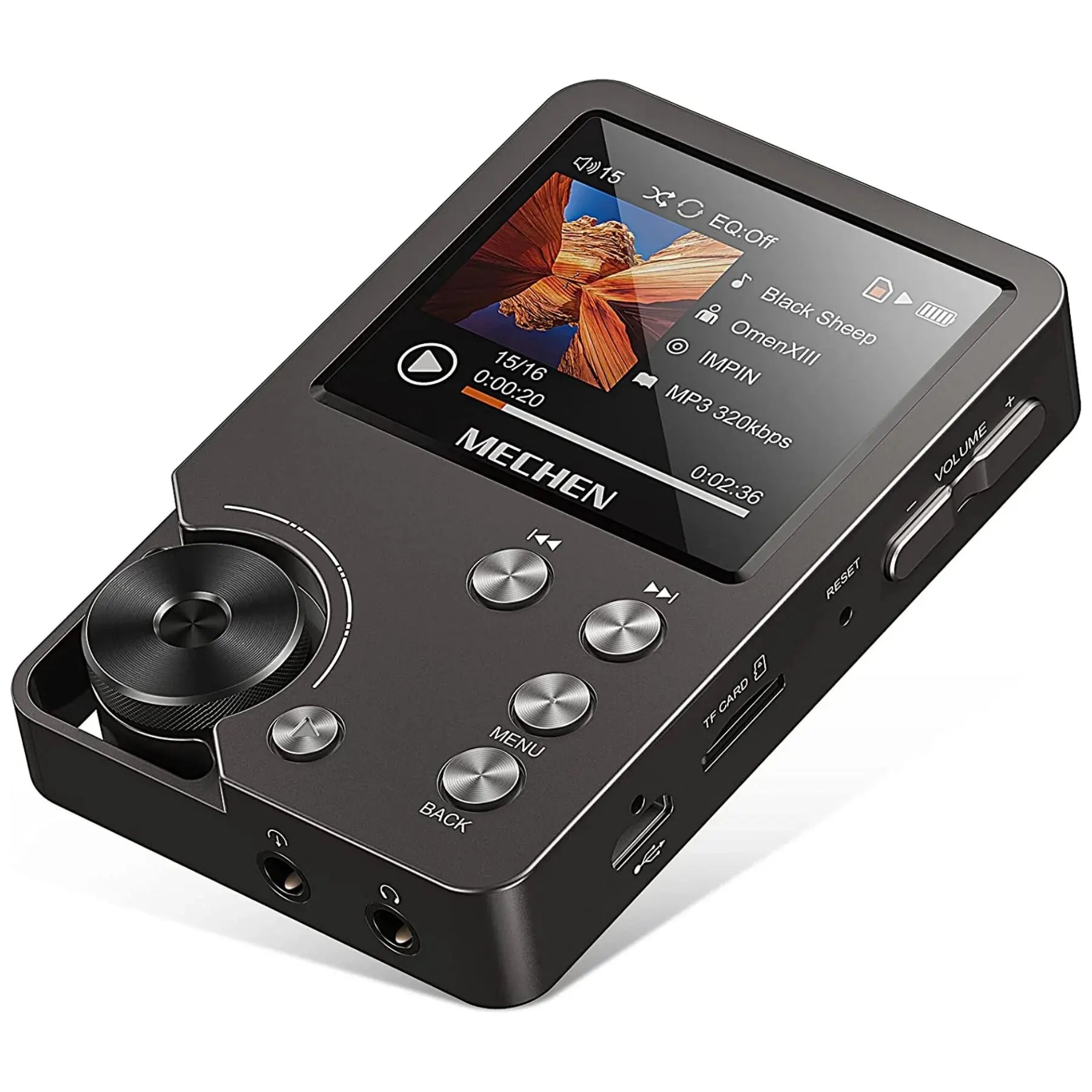 MECHEN-M30 HiFi MP3 player in dark gray with a digital display, tactile control wheel, and physical playback buttons.