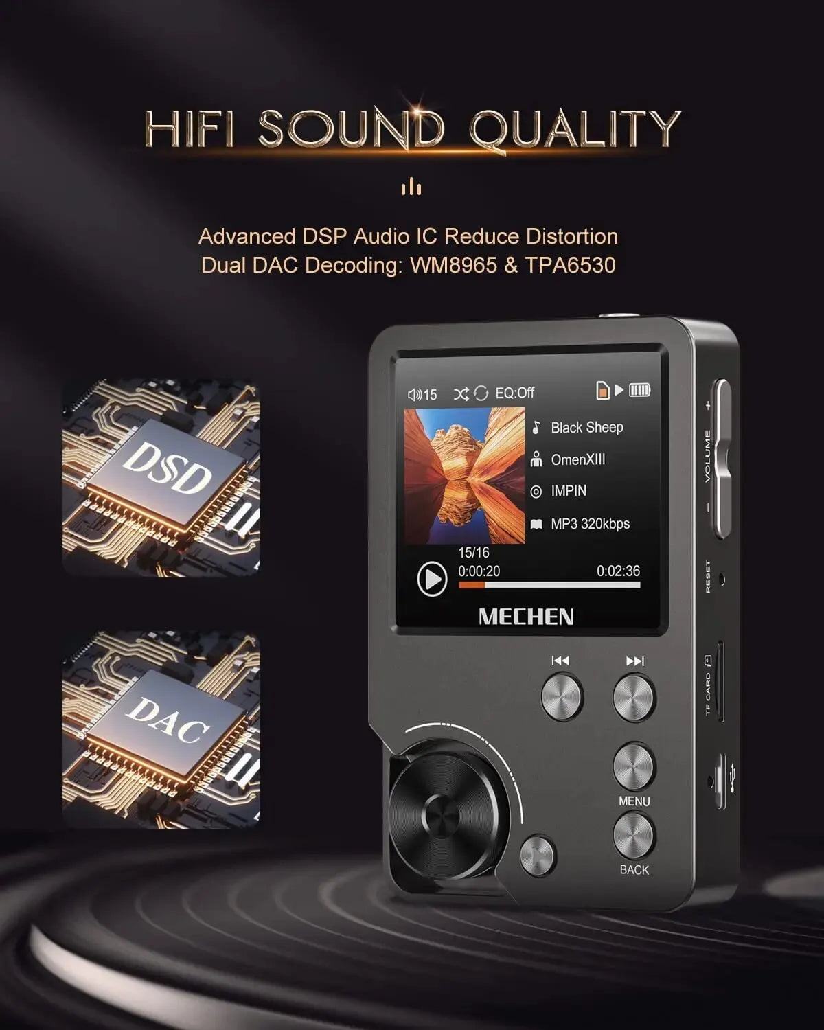 Black MECHEN M30 HiFi MP3 player with a display screen, circular volume knob, and DSD/DAC chip highlights.