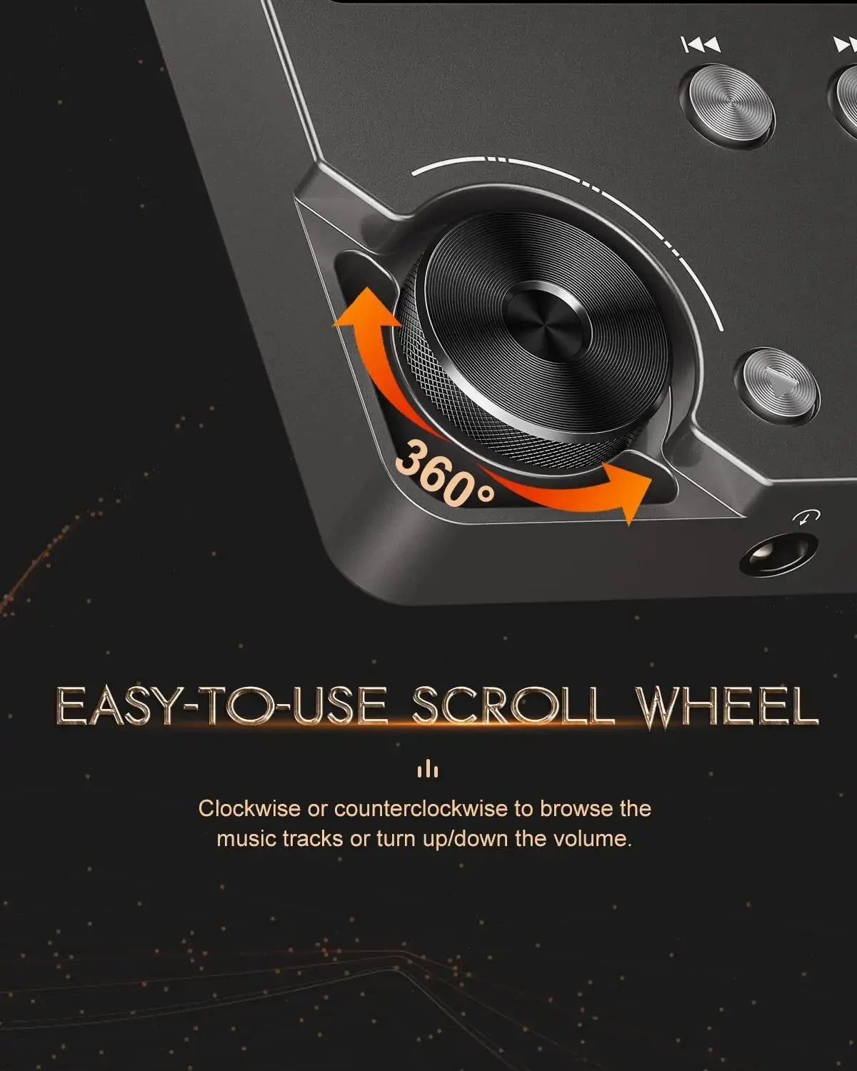 Close-up of a black MECHEN-M30 HiFi MP3 player highlighting its 360-degree circular volume and track scroll wheel.