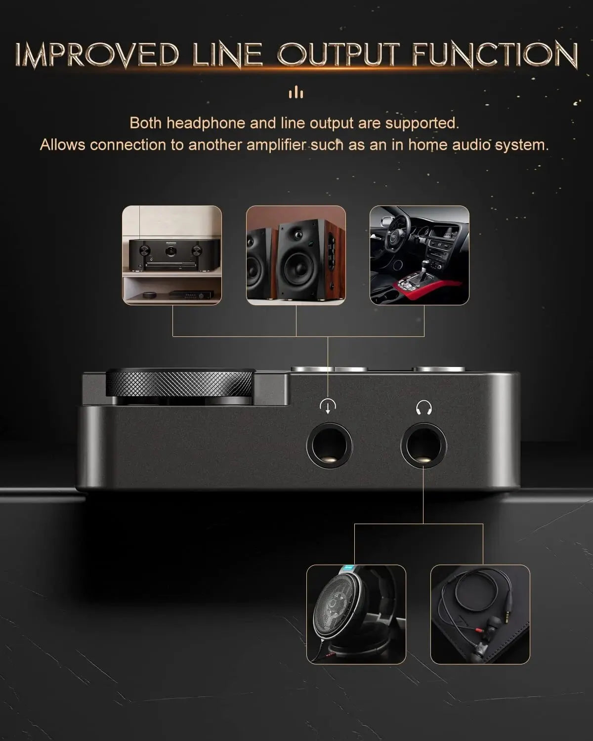 Black MECHEN-M30 HiFi MP3 player showing dual headphone and line-out ports for home audio and car system connectivity.