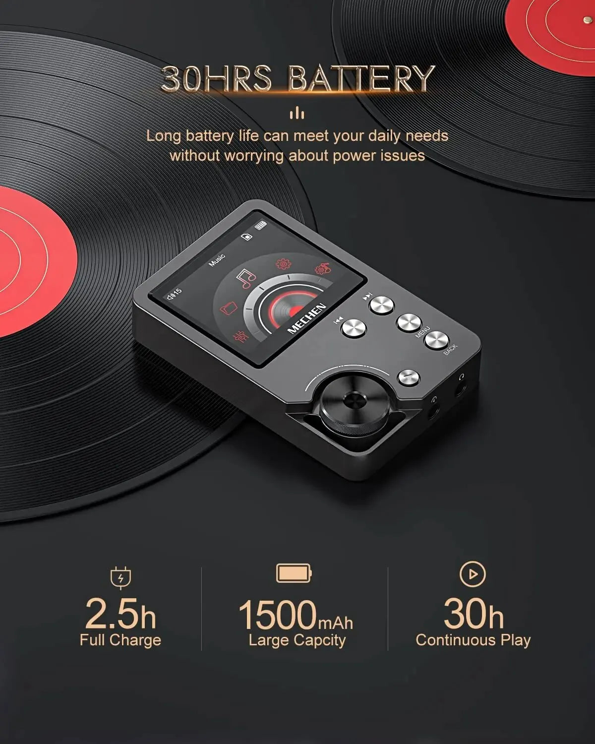 Grey MECHEN-M30 HiFi MP3 player with a dial and buttons, highlighting 30-hour battery life on a vinyl record background.