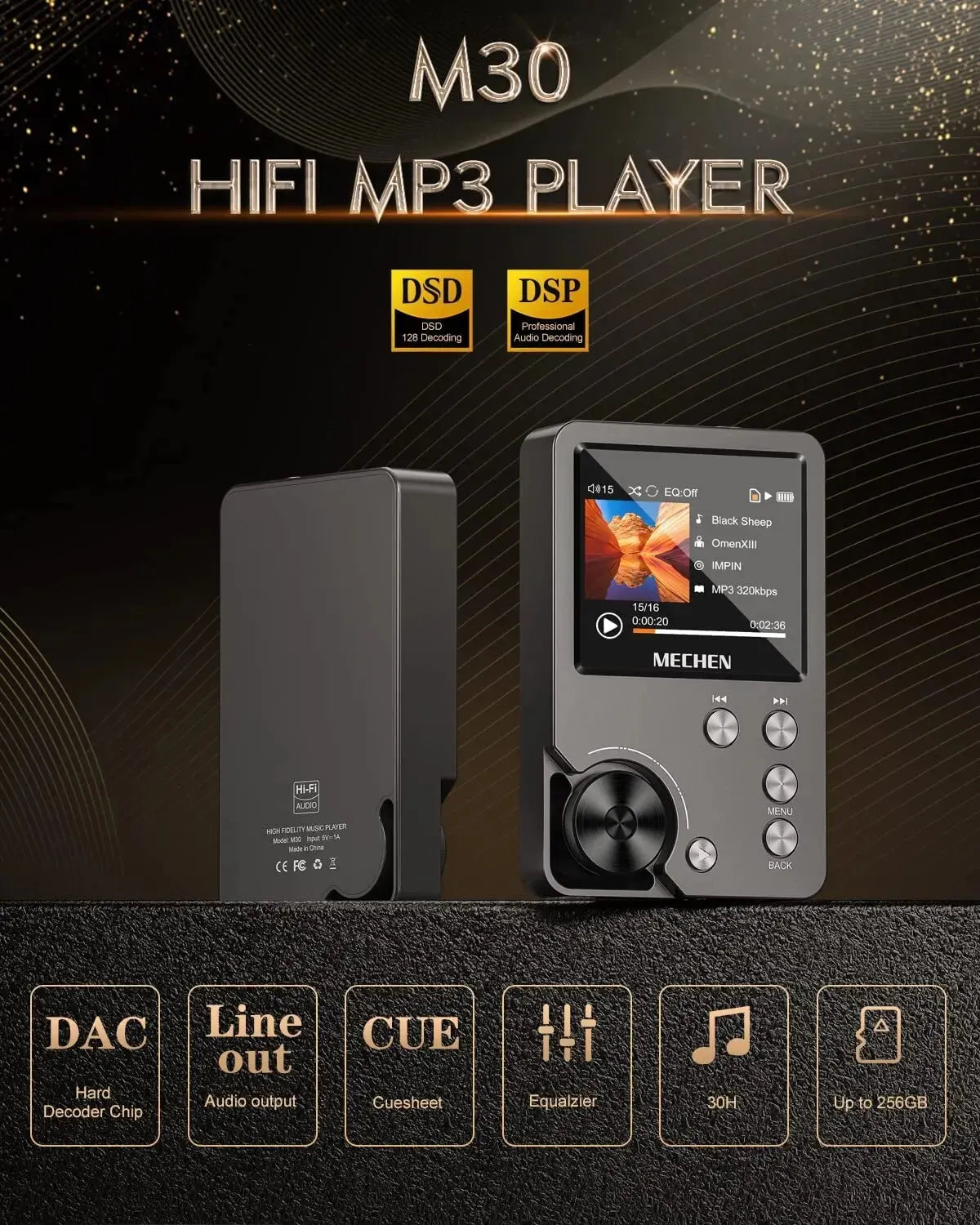 Black MECHEN M30 HiFi MP3 player with screen, volume dial, and buttons, featuring DSD, DSP, and 256GB storage icons.