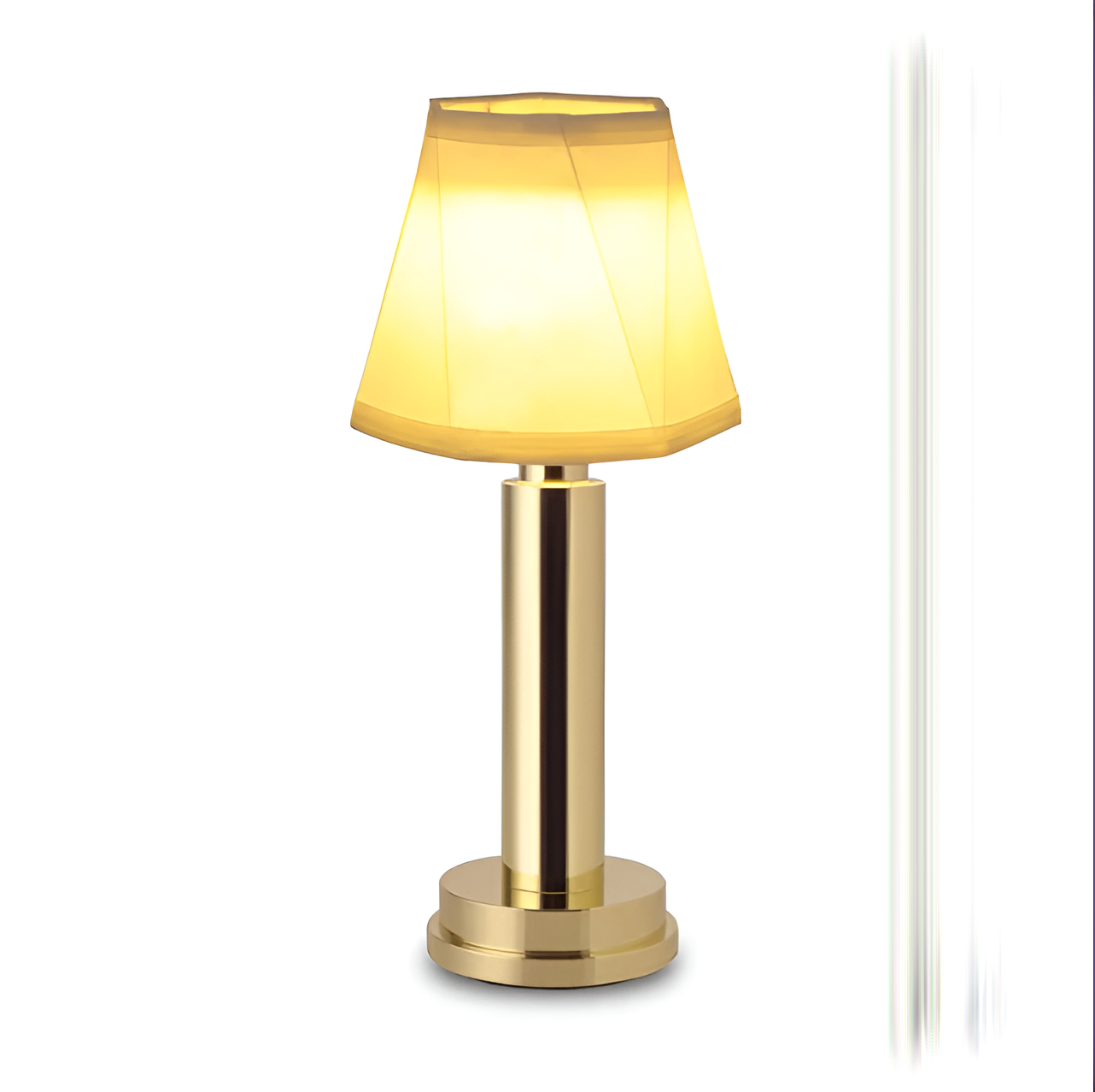 Gold-tone metallic dimmable table lamp with a geometric fabric shade glowing with warm portable LED light.