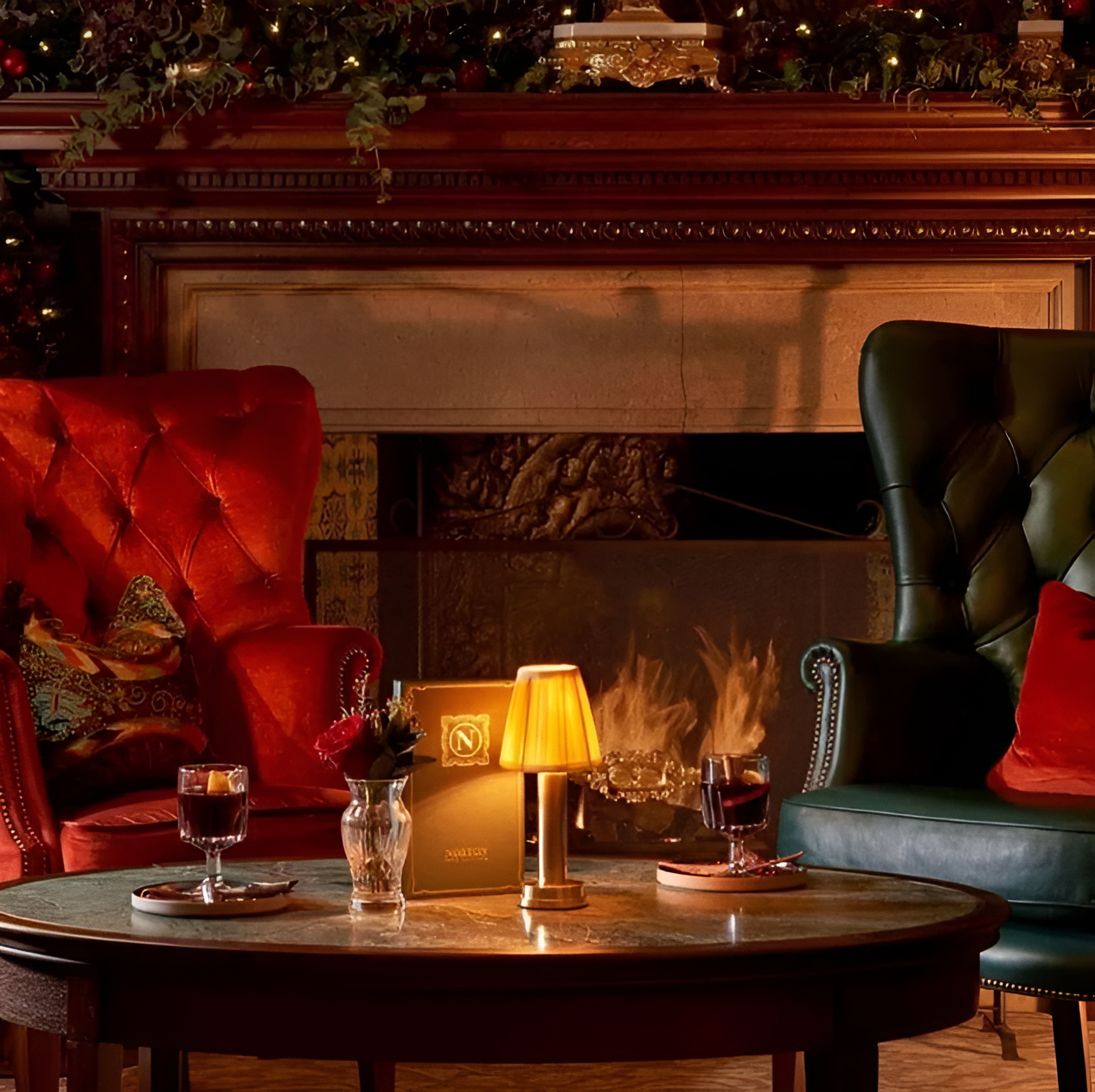Fitlybuy vintage dimmable gold aluminium table lamp with glowing pleated shade on a table in a cozy, festive lounge.