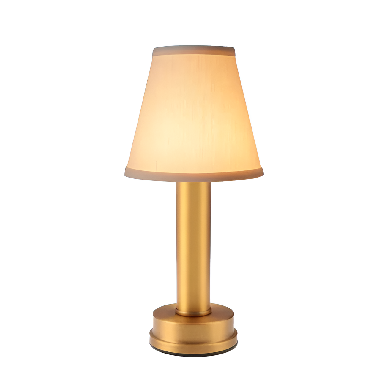 Fitlybuy portable gold aluminium table lamp with a fabric shade, emitting a warm, dimmable LED glow on a white background.