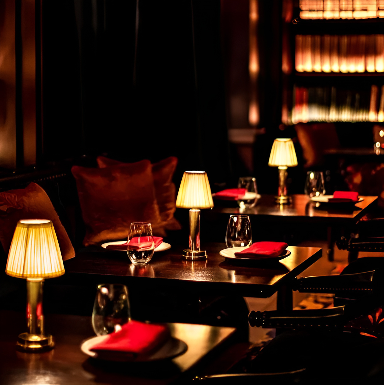 Vintage flare LED table lamps with gold aluminum bases and fabric shades creating warm mood lighting in a restaurant.