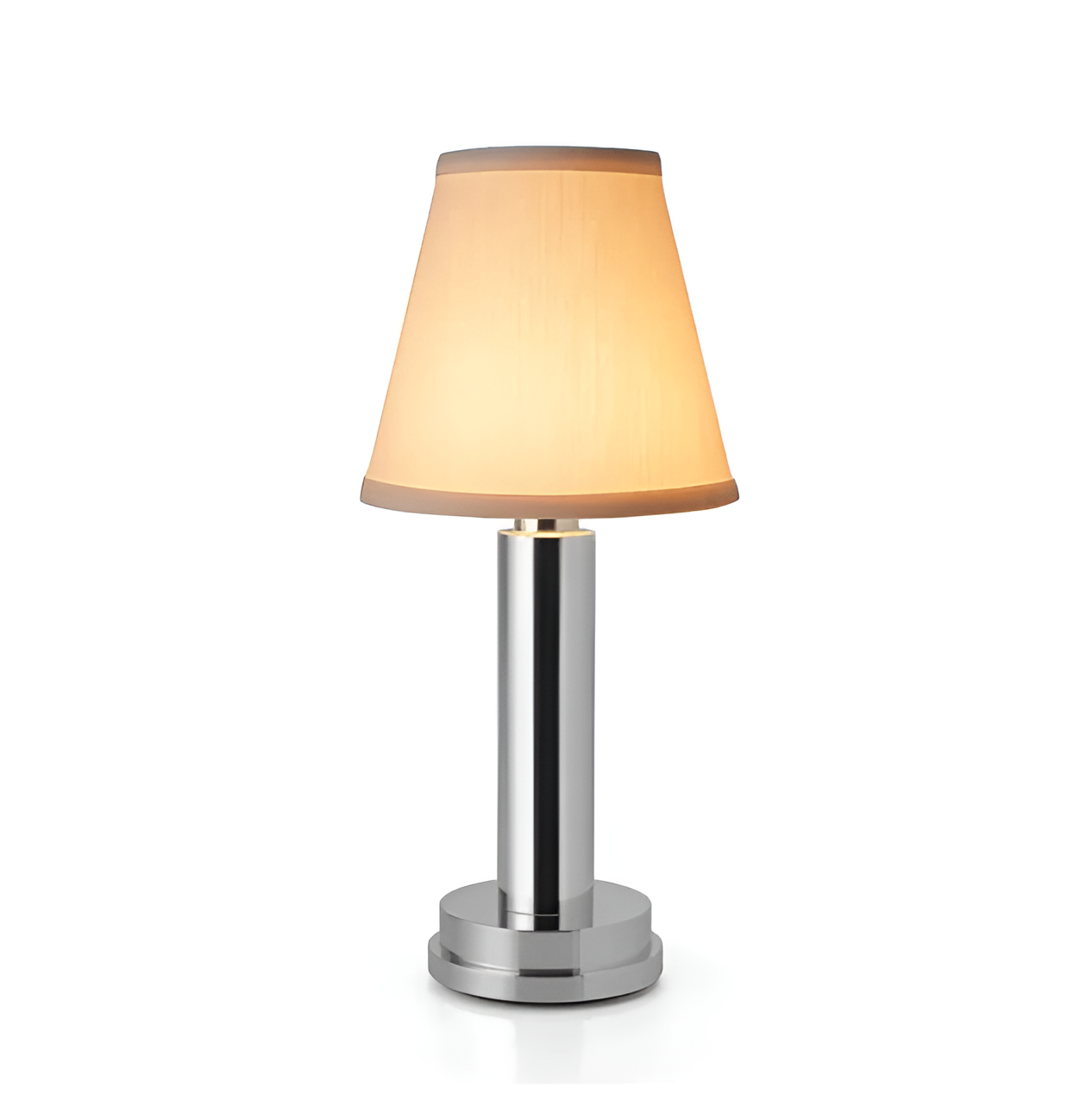 Fitlybuy vintage flare table lamp: portable LED, chrome aluminium base, and warm-glowing fabric shade against white.