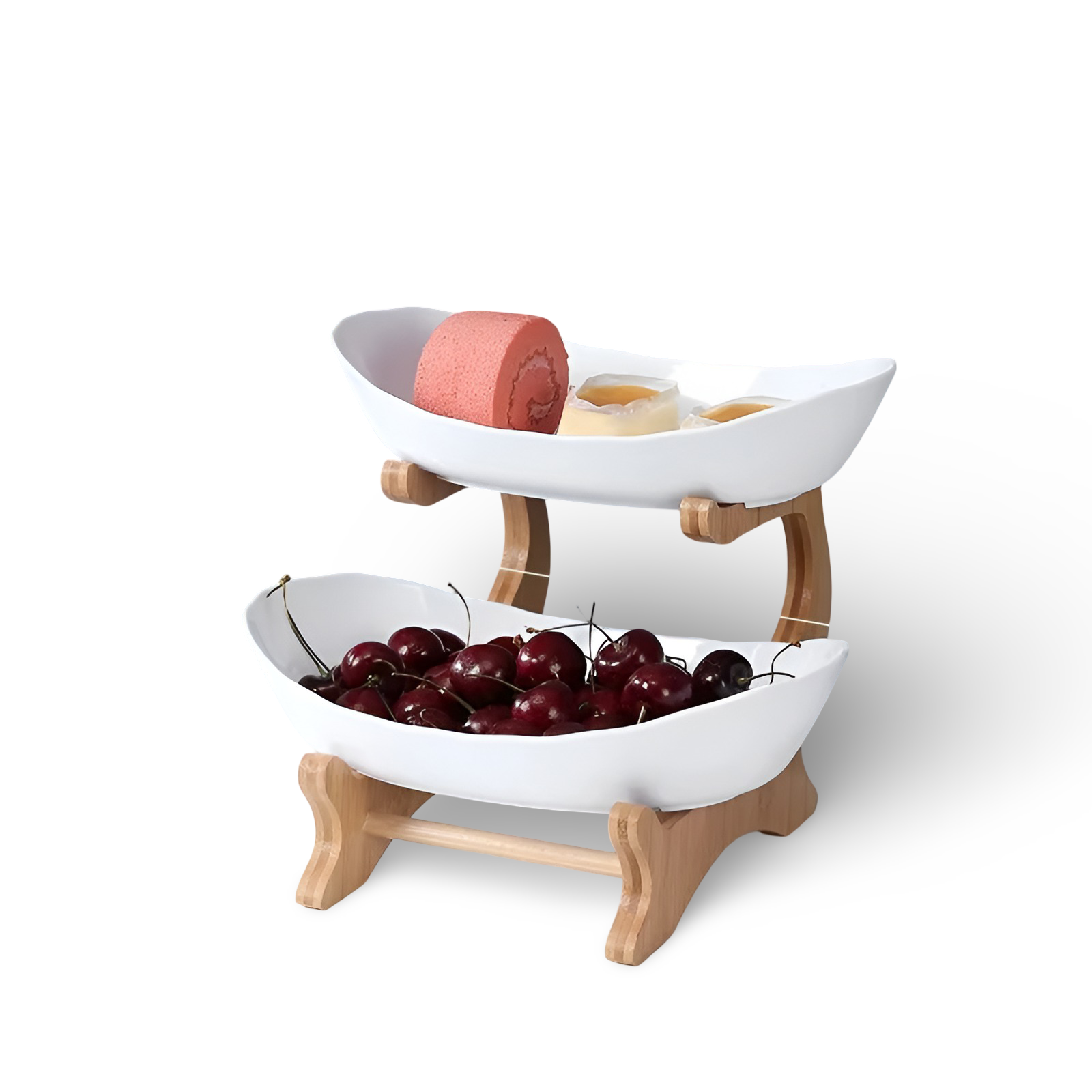 Fitlybuy two-tier white ceramic fruit bowl on a natural bamboo wooden stand, holding cherries and small snacks.