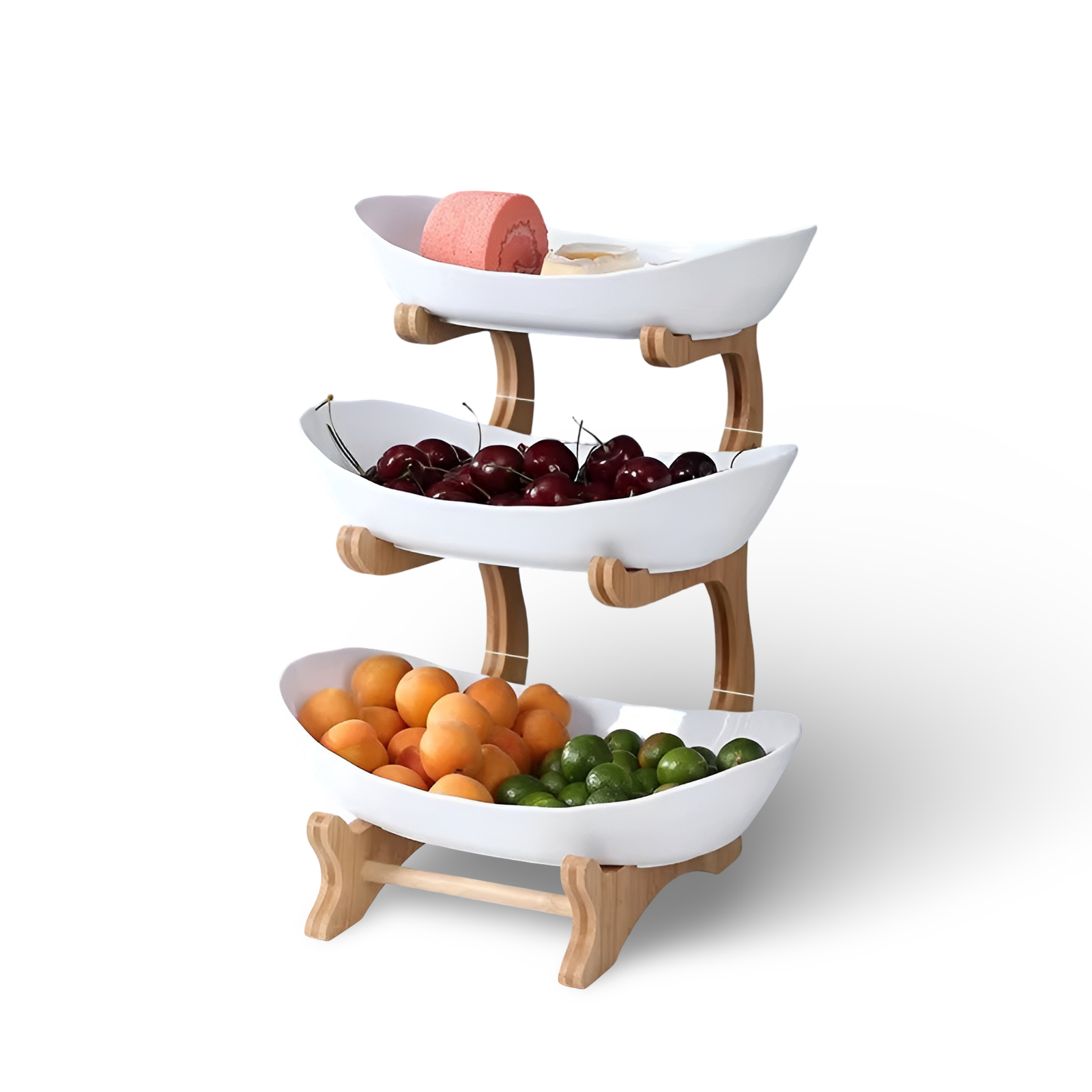 Fitlybuy 3-tier wooden serving stand with white ceramic bowls, styled with assorted fruit and snacks on a white background.