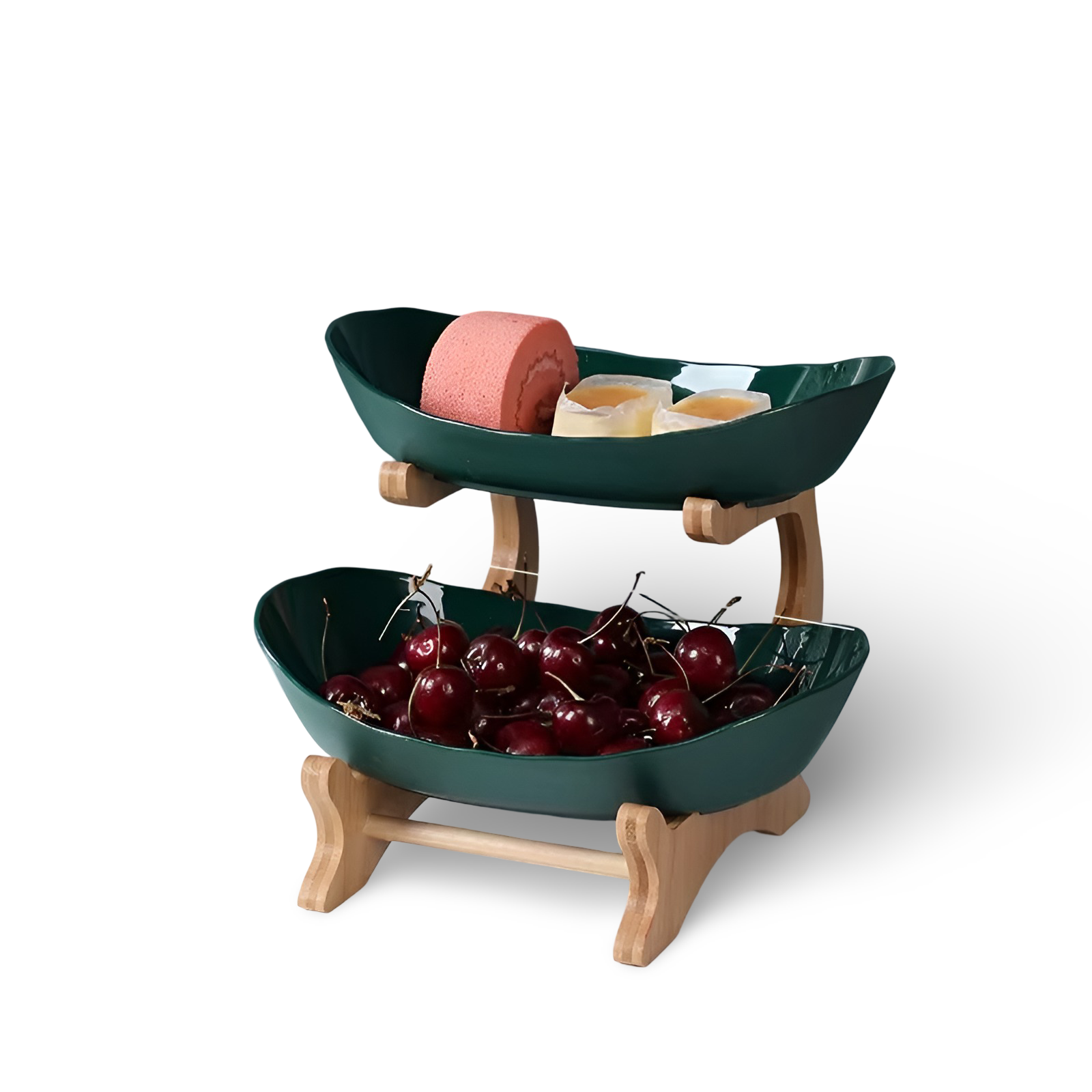 Fitlybuy 2-tier dark green oval fruit bowls with wooden stands, holding cherries, cake, and dessert on a white background.