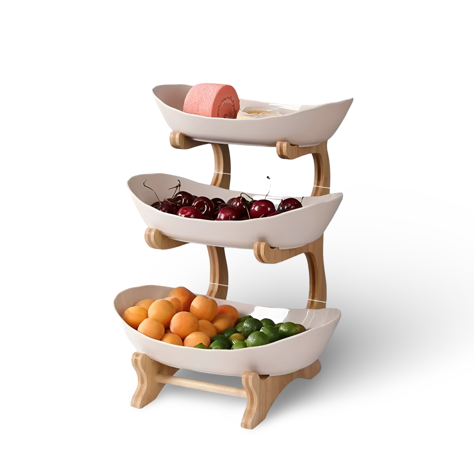 Fitlybuy 3-tier wooden fruit bowl stand with white ceramic trays filled with fresh fruits and a pink cake roll.