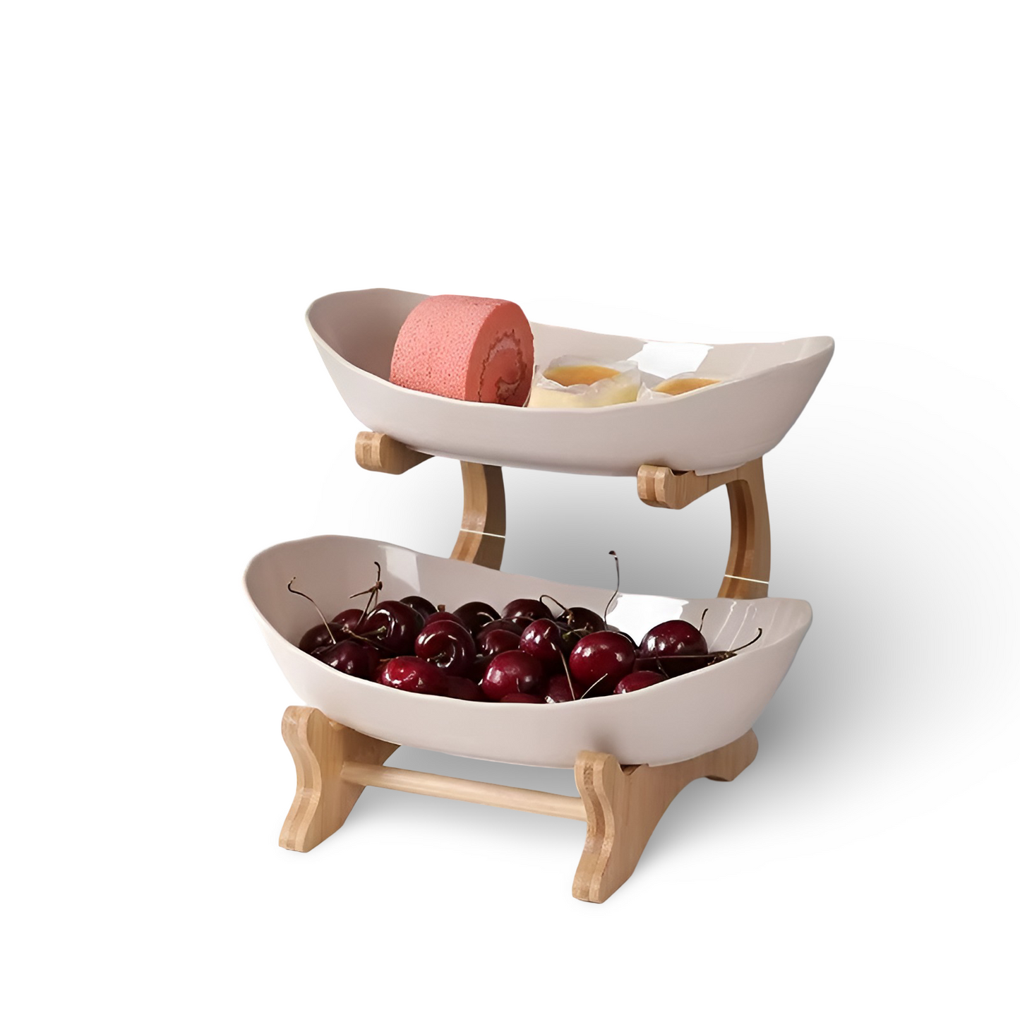 Fitlybuy two-tier white ceramic fruit bowl with light wooden stand, filled with cherries and pastries.